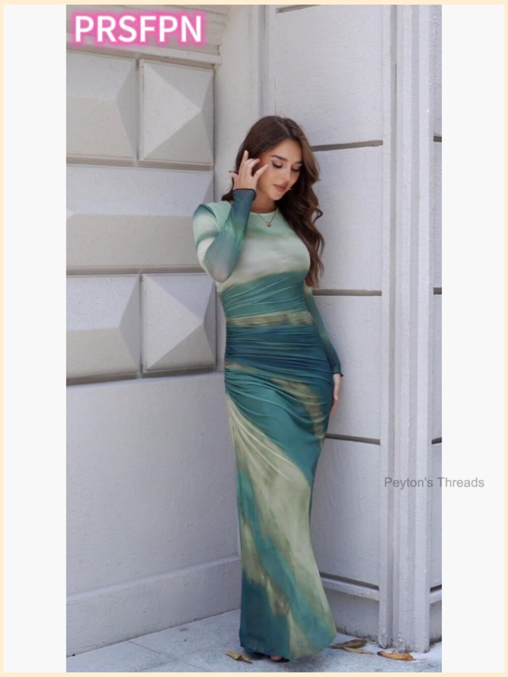 Long Sleeve Maxi Bodycon Dress Tie Dye Ruched Mesh Layer Prom Formal Wedding - Picture 7 of 7
